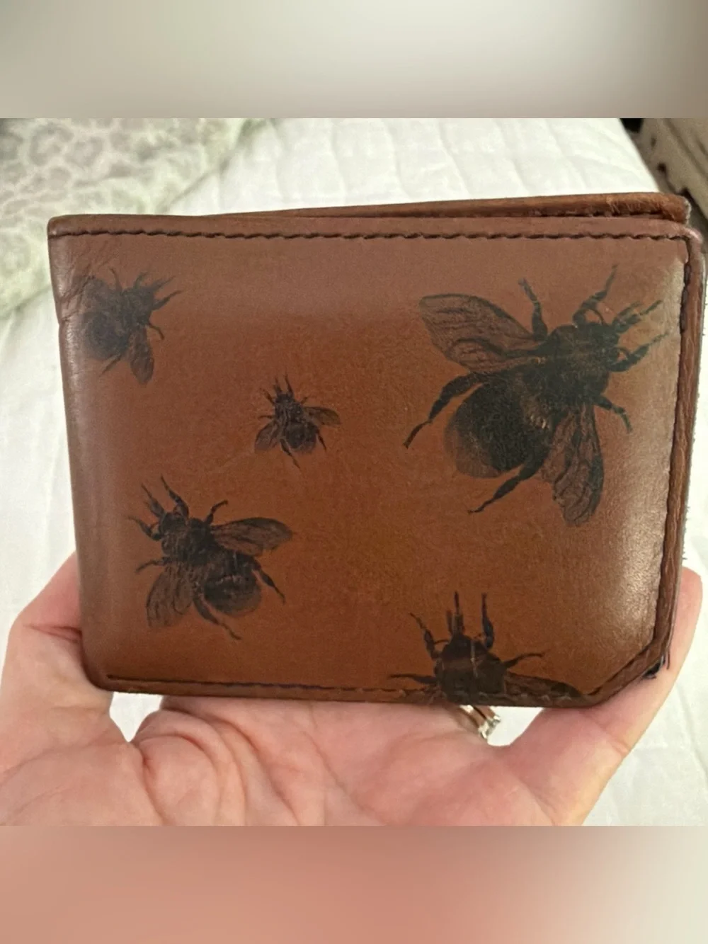 Bees Buzzing Handmade Leather Bifold Wallet Brown With Black Bees Credit Card